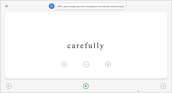 full screen view of student's reading coach page. the word carefully is shown with buttons to play the word, stretch the word, or see a picture beneath. a green microphone is at the bottom center of the page. 
