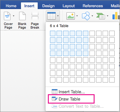 Draw Table is highlighted for creating a custom table