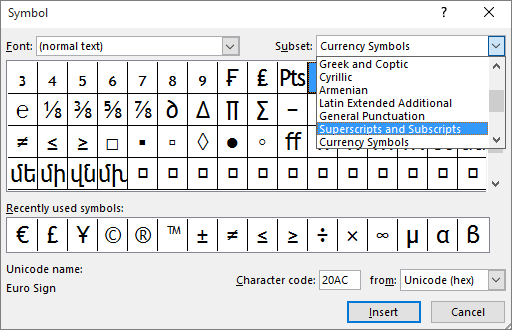 Shows the Subscript and Superscript subset in the Symbol dialog in PowerPoint