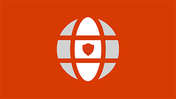 A globe symbol with a shield on an orange background