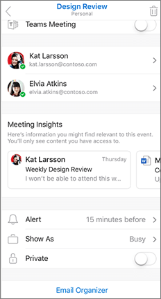 Calendar event with meeting insights panel and links to related emails and documents