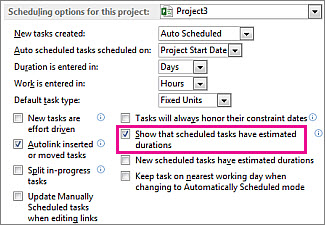 Options dialog box, Schedule tab, scheduling options for this project area