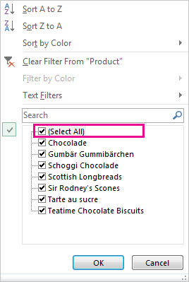 Select All box in the Sort and Filter gallery