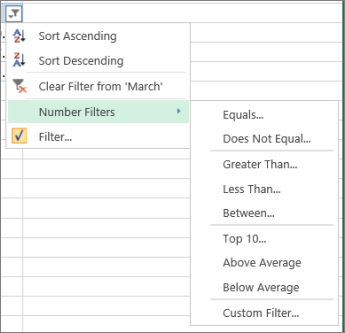 the custom filtering options available for number values.