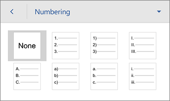 Numbering command, showing formatting options