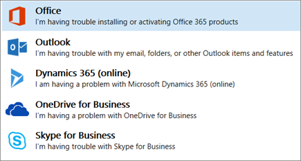 Shows the Office option highlighted in the Support and Recovery Assistant