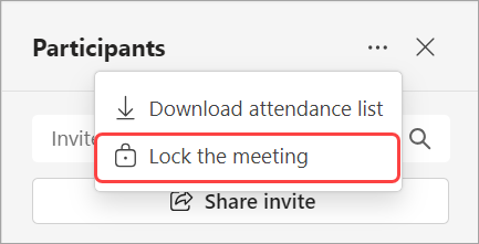 Image showing the Participants dropdown with lock meeting option.