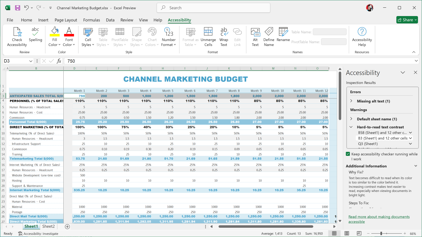 Barra multifunzione di accessibilità di Excel