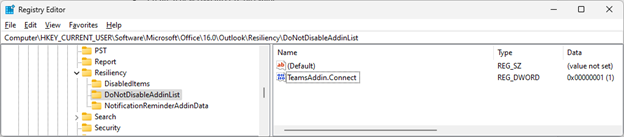 Screenshot of registry editor, path: Computer\HKEY_CURRENT_USER\Software\Microsoft\Office\16.0\Outlook\Resiliency\DoNotDisableAddinList