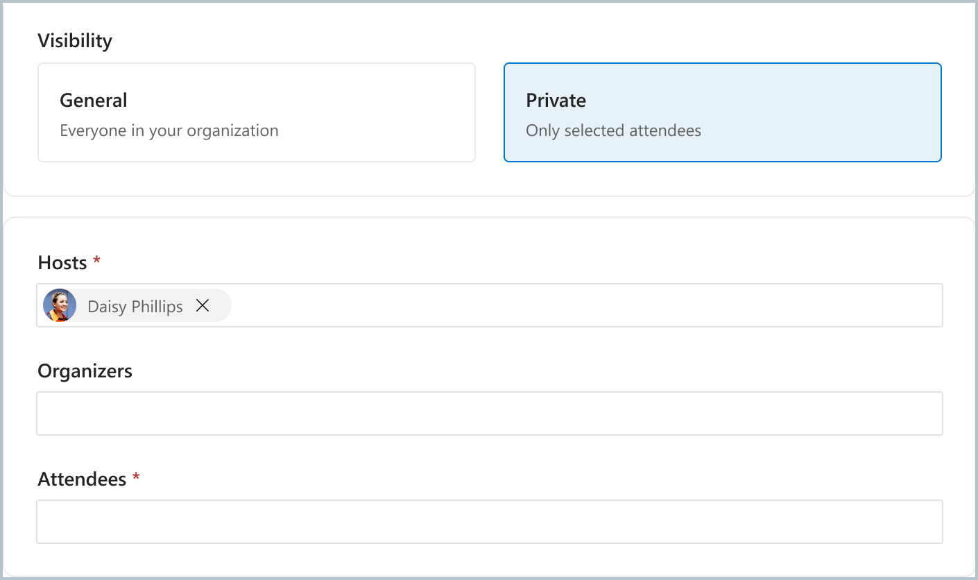 Screenshot shows that when you select the Private visibility setting, you can add users and groups to your AMA.