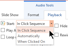 There are three Start options on the Audio Playback tab in PowerPoint 2016