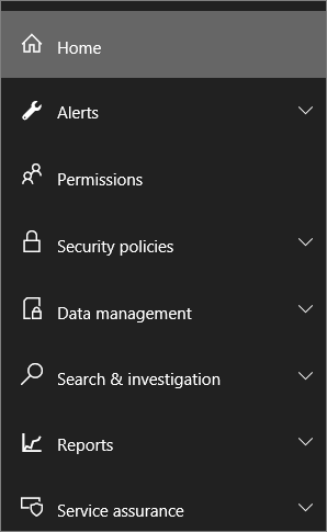Screenshot of options in the left navigation pane of the Office 365 Security & Compliance Center, which are Home, Alerts, Permissions, Security policies, Data management, Search & investigation, Reports, and Service assurance.