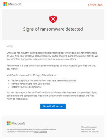 Screenshot of the Ransomware Detection email from Microsoft