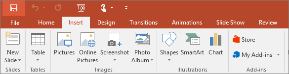 Shows the insert tab on the ribbon in PowerPoint