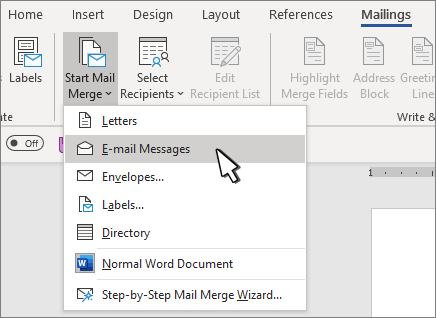 Start mail merge with Email messages selected