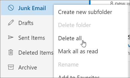 A screenshot shows the Delete all option selected for the Junk Email folder.