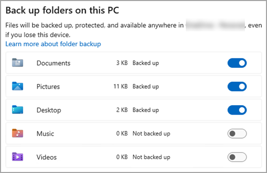 The folder backup selection menu in Microsoft OneDrive.