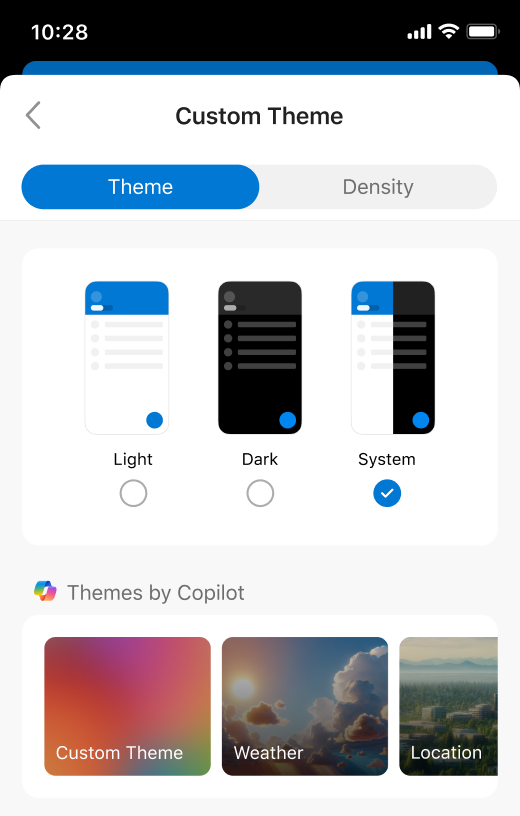 Screenshot of Outlook Themes settings in mobile.