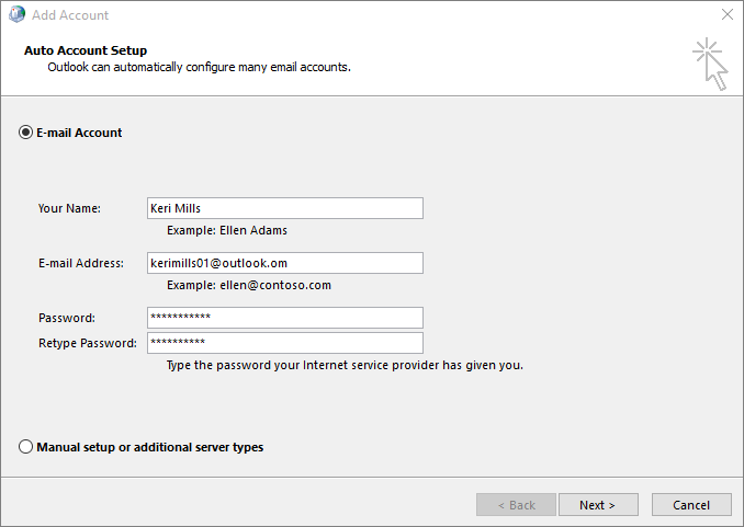 Use Auto Account Setup to add email account as part of newly created profile for Outlook
