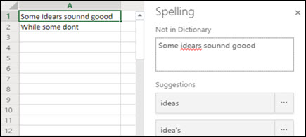 Image of the Spell Check pane in Excel for the web