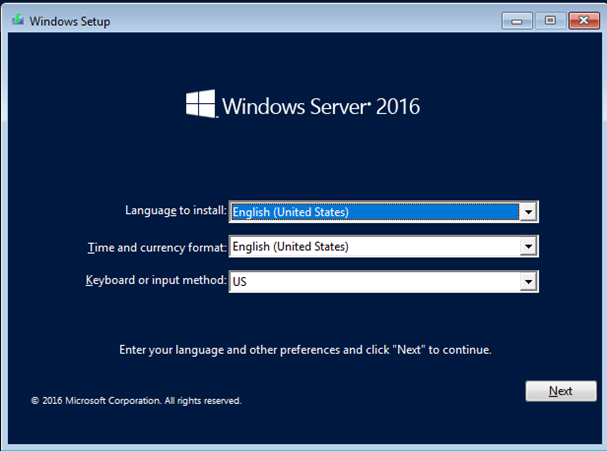 A screenshot of Windows Setup for Windows Server 2016.