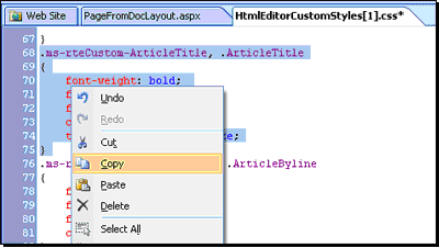 Style sheet with shortcut menu open and Copy command selected