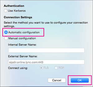 Clear the Use Kerberos box, choose Manual Configuration, and enter sipdir.online.lync.com:443 in both boxes.