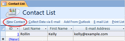 Contact List form with circle around New Contact button