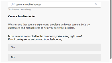 The camera troubleshooter in Get Help.