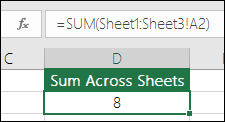 3D Sum - Formula in cell D2 is =SUM(Sheet1:Sheet3!A2)