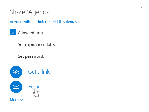 Screenshot of selecting Email in the Share dialog box in OneDrive