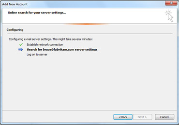 Add New Account dialog box indicating e-mail server settings are being configured