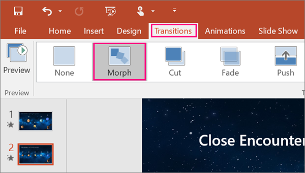 Di thumbnail sebelah kiri, klik slide yang anda ingin gunakan morph transition, yang sepatutnya menjadi slide ke-2 yang anda tambahkan objek, gambar atau perkataan yang anda ingin gunakan teknik morph.

Pada tab Peralihan, pilih Morph.