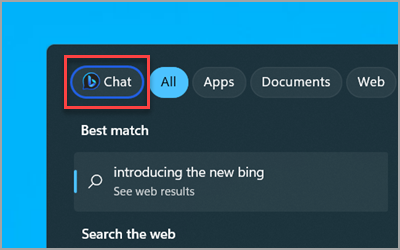 The new Bing Chat button in the Windows 11 Search box on the taskbar.