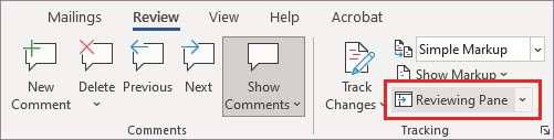 Reviewing Pane in Word