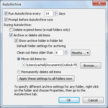AutoArchive settings dialog box