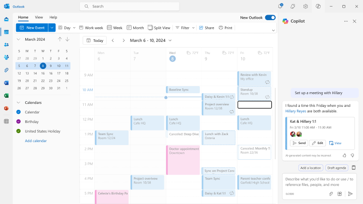 Screenshot of how to book one-one-meetings using Chat Assisted Scheduling in Outlook.