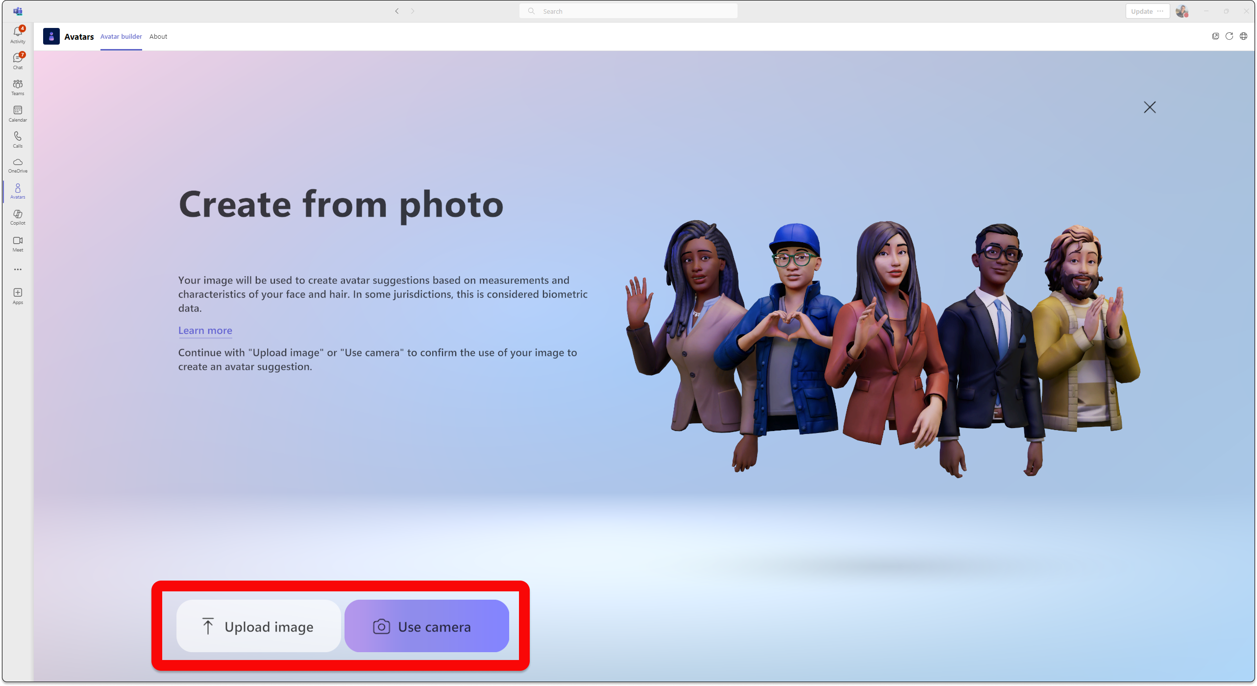 Screenshot of avatars app in teams showing how to create an avatar from an uploaded image or from your computer's camera.