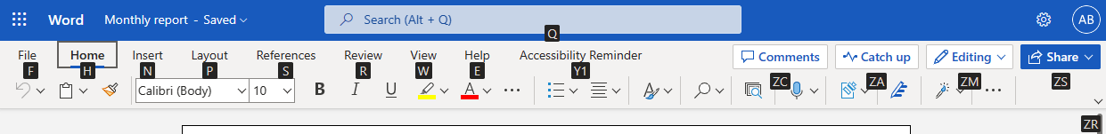 KeyTips shown over each option in the ribbon in Word for the web.