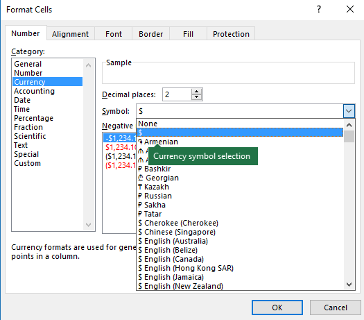 Currency Symbol selection from the Format Cells dialog