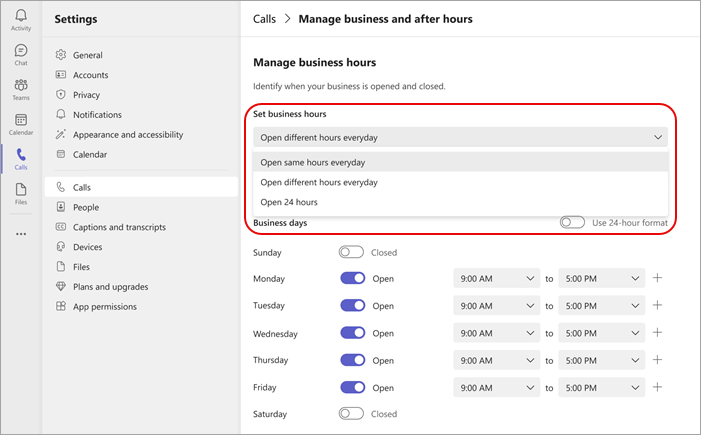 Screenshot showing options for setting business hours