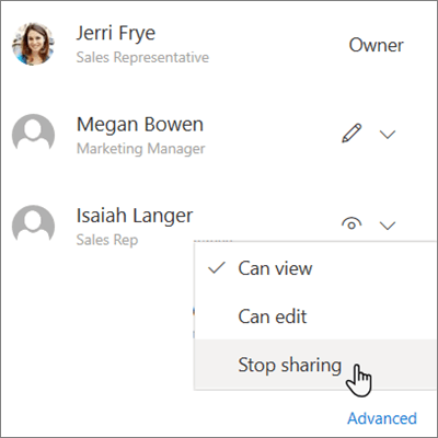 Screenshot of how to stop sharing with one person in OneDrive for Business