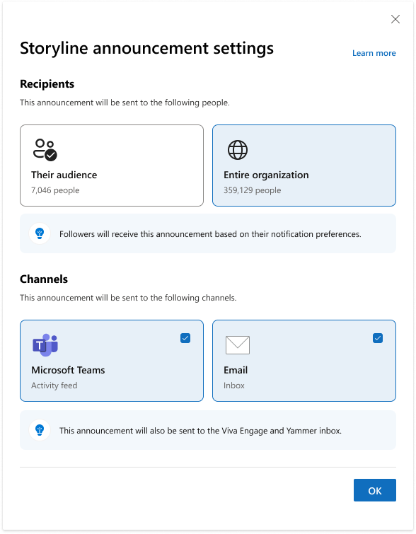 View of Storyline Announcement settings for Entire Organization