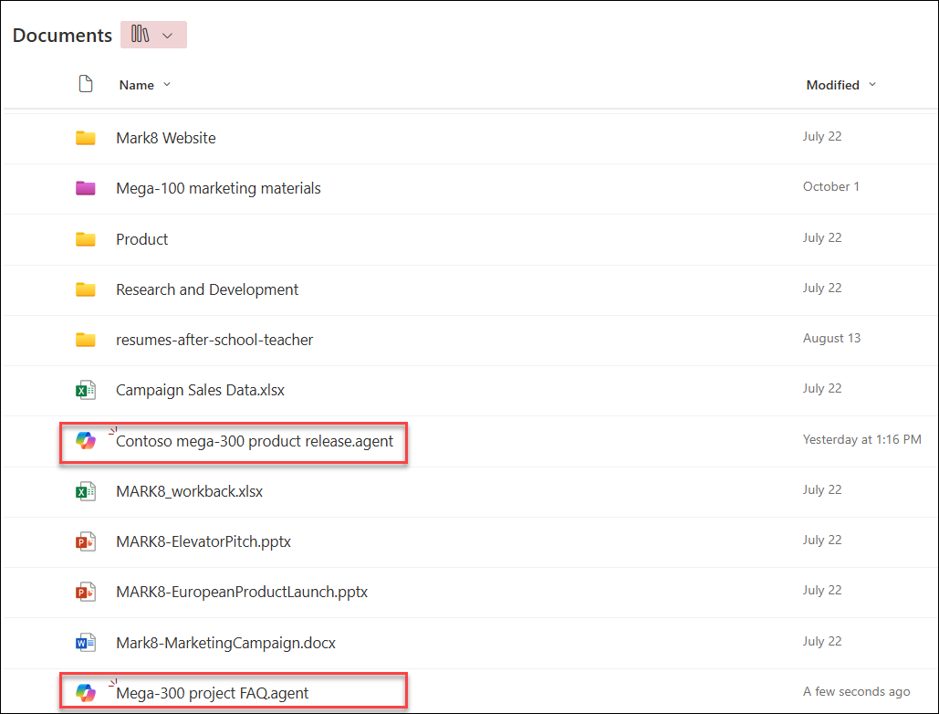 screenshot of copilot agents saved to the current document library folder