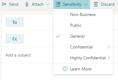 Sensitivity button with sensitivity options in Outlook for the web