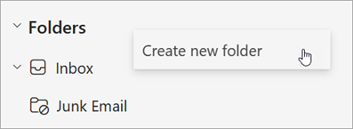 Screenshot of Create new folder selected in the More options menu on the folder pane
