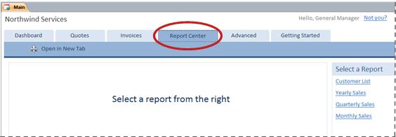 Report Center tab of the Services database template