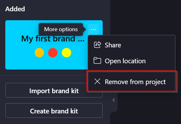 Use the context menu to select the deletion option and remove the brand kit from your Clipchamp project