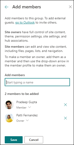 Preview of adding members to a SharePoint site