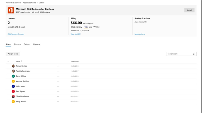 Screen capture: Product details from the Billing section in the Microsoft 365 admin center preview
